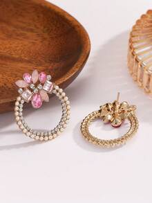 1 Pair Of Colorful Rhinestone Round Flower Fashionable Ear Studs Imitating Pearl Simple Earrings Are Suitable For Wearing At Daily Weddings, Banquets And Parties - ZNW364 - View 8