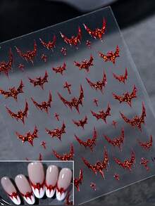 1pc Halloween Dark Bat Sticker, Red Gold Foil Nail Art Sticker, Goth Style Bat Sticker With Adhesive, Suitable For DIY Artistic Charm Design - Red - View 4