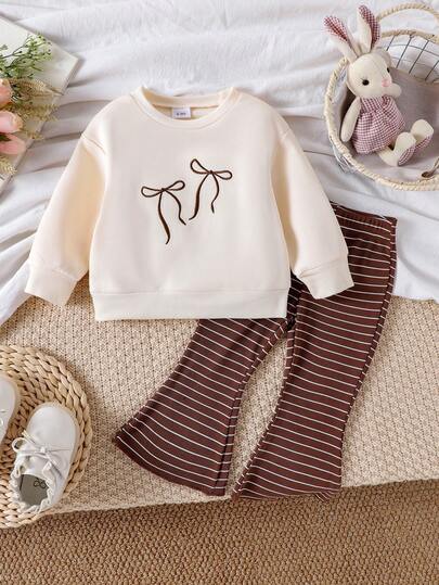2pcs Baby Girls Casual Cute Long Sleeve Sweatshirt + Striped Bell-Bottom Pants Set, Lightweight Spring/Autumn