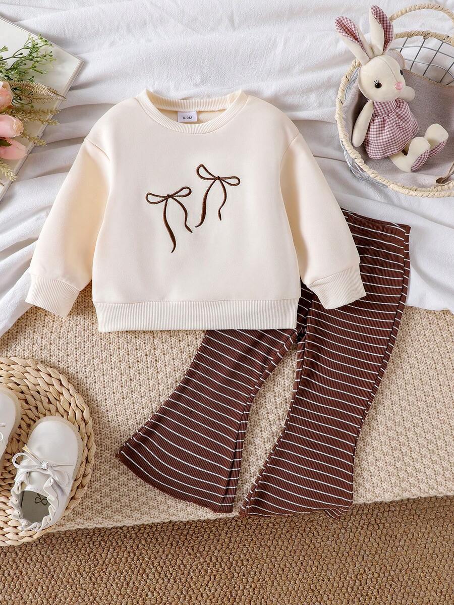 2pcs Baby Girls Casual Cute Long Sleeve Sweatshirt + Striped Bell-Bottom Pants Set, Lightweight Spring/Autumn