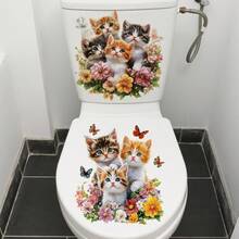 2件組 30*30cm 可愛貓咪與花卉馬桶蓋貼紙，DIY防水自黏式浴室裝飾貼紙，蝴蝶小貓牆貼 - 彩色 - 查看 2