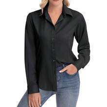 Womens Classic - Fit Dress Shirts Long Sleeve Button Down Wrinkle - Stretch Solid Casual Work Office Blouse Top - Đen + Trung bình - Xem 3
