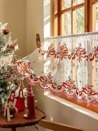 1pc Christmas Bell & Ribbon Embroidered Coffee Curtain, Delicate Embroidered Small Window Curtain, Rod Pocket Hanging, Cute & Sweet Christmas Decor Sheer Curtain