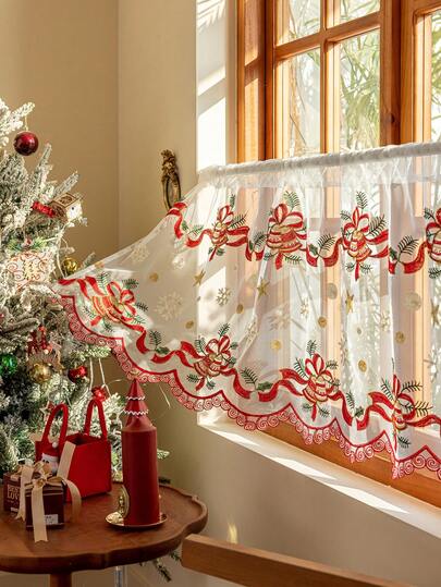 Cortina bordada com sino e fita de Natal, cortina de café bordada delicada para janela pequena, pendurado no bolso da haste, cortina transparente de decoração de Natal fofa e doce