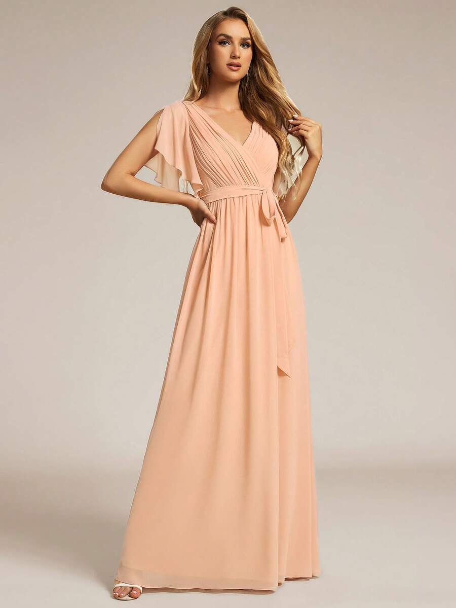 EVERPRETTY V领复古优雅珊瑚粉色伴娘礼服、婚礼宾客礼服、毕业典礼礼服