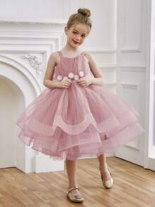 Young Girl Spaghetti Strap 3D Floral Mesh Pink Princess Dress, Elegant Gown Suitable For Girls Birthday Party, Evening Banquet, Wedding Flower Girl Dress - 粉色 - 查看 6