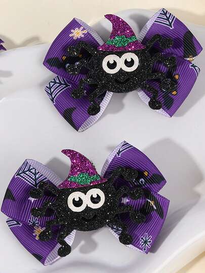 2pcs Halloween Cute Bow Hair Clips For Girls,Spider/Pumpkin/Ghost Bow Barrettes,Alligator Clips,Gift Hairpins For Friends,Festival Party Hair Accessories,Halloween Hair Accessories