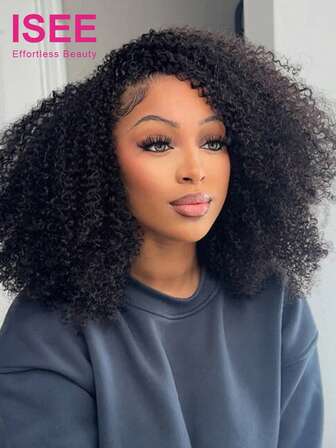  ISEE 半假发 非洲式卷发 三合一半假发 无胶假发 真人发质 无缝卷发 可翻转 适合初学者佩戴 可脱卸 抽绳带夹 真人发质 黑色 14-28 英寸