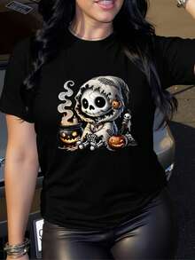 Mujer Camiseta de Mujer México Víspera de Todos los Santos  Casual Versátil  Cómodo y Elegante Camisa de  negra con diseño de calavera de Halloween, calabazas y caldero, perfecta para la temporada festiva. - Negro - Ver 1