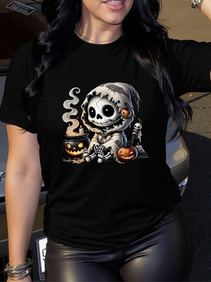 Mujer Camiseta de Mujer México Víspera de Todos los Santos Casual Versátil Cómodo y Elegante Camisa de negra con diseño de calavera de Halloween, calabazas y caldero, perfecta para la temporada festiva. - Negro - Ver 1
