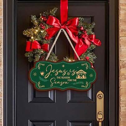 1 Wooden Christmas Wreath Sign Plaque, Villa Front Door Sign Plaque, Jesus Is The Origin Of The Holiday, Christmas Welcome Welcome Sign, Wooden Front Door Porch Decoration, Holiday Hanging Wall Art Decoration Home Decor Christmas Decorations Room Decor