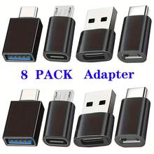8-Piece USB To USB C Adapter Set, USB Type C Female To USB Adapter, Micro USB To USB C Female Male Conversion Connector, Suitable For Laptops, Cars, Smartphones, Headsets, Microphones, PCs - 黑色 - 查看 1