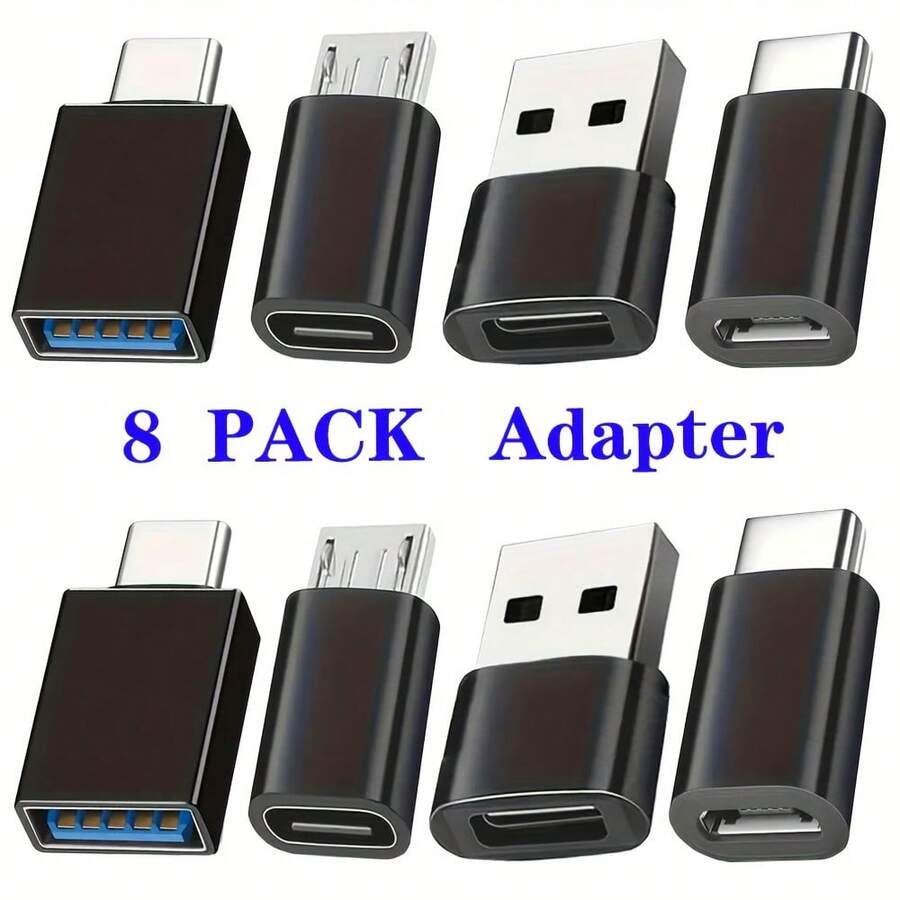 8-Piece USB To USB C Adapter Set, USB Type C Female To USB Adapter, Micro USB To USB C Female Male Conversion Connector, Suitable For Laptops, Cars, Smartphones, Headsets, Microphones, PCs - 黑色 - 查看 1