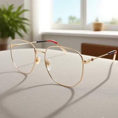  1 副 GUCCI 透明方形装饰时尚眼镜，金色镜框，艺术风景合金，适合阅读、娱乐、电脑使用、上学和日常装饰