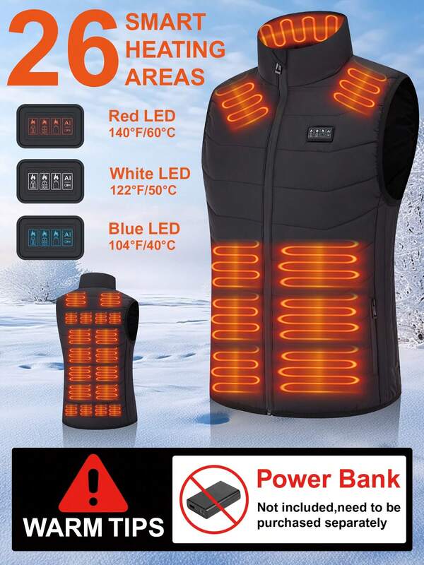 1pc Unisex Black Heated Vest, USB Electric Fashionable Stand Collar Heated Jacket, Featuring 26 Heating Zones, Smart 4-Gear Temperature Control, With USB Cable (Power Bank Not Included), Ideal For Winter Outdoor Activities Such As Hiking, Skiing, And Fishing.