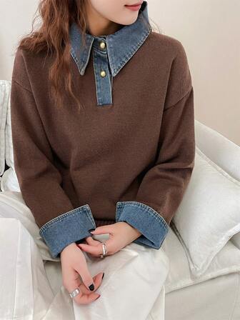 Korean Style Denim Patchwork Knit Pullover Sweater For Women, Autumn/Winter