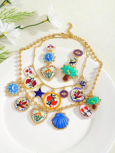 4pcs Resin Palm Tree & Flower Earrings Necklace Set, Bohemian Vintage Floral Earrings & Necklace, Colorful Resin Pendant Necklace, Suitable For Women's Daily, Vacation, Evening Party, Elegant Jewelry (Pendant Position Random)