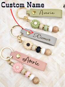 1pc Personalized Daisy Beaded Keychain, Faux Leather Keychain, Flower Girl Gift, Teacher Gift, Birthday Gift, Beaded Keychain, Durable, Colorful, Cute, Charming, Fun, Kawaii, Y2K, Fashionable, Unisex, Casual, Customized, Unique, Personalized, Ideal Gift For Him, Ideal Gift For Her, Boyfriend, Girlfriend, Family, Friends, Customized Keychain And Accessories - Multicolor - View 2