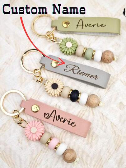 1pc Personalised Keyring, Daisy Beaded Keyring, Faux Leather Keyring, Flower Girl Gift, Teacher Gift, Birthday Gift, Beaded Keyring,Durable,Colorful,Cute,Adorable,Funny,Kawaii,Y2K,Stylish,Unisex,Casual,Custom,Personalized,Unique,Customized,Ideal Gifts For Him,Ideal Gifts For Her,Her,Boyfriend,Girlfriend,Family,Friends,Customized Keychains & Accessories