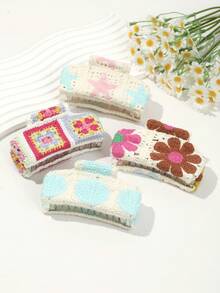 1 pezzo Fermaglio per capelli in maglia con stampa floreale e a stelle, elegante, minimalista, versatile, adatto per uso quotidiano, design unico, accessorio per capelli di alta qualità per la moda autunnale delle donne, fermaglio per capelli con fiori, fermagli per capelli autunnali, accessori per capelli invernali per le donne, adatti per gli outfit da vacanza