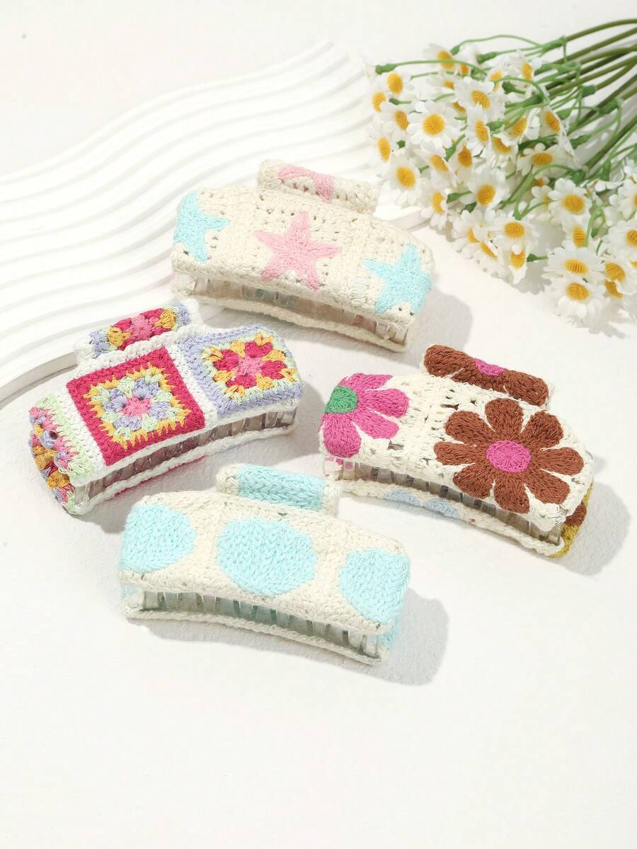 1 pezzo Fermaglio per capelli in maglia con stampa floreale e a stelle, elegante, minimalista, versatile, adatto per uso quotidiano, design unico, accessorio per capelli di alta qualità per la moda autunnale delle donne, fermaglio per capelli con fiori, fermagli per capelli autunnali, accessori per capelli invernali per le donne, adatti per gli outfit da vacanza