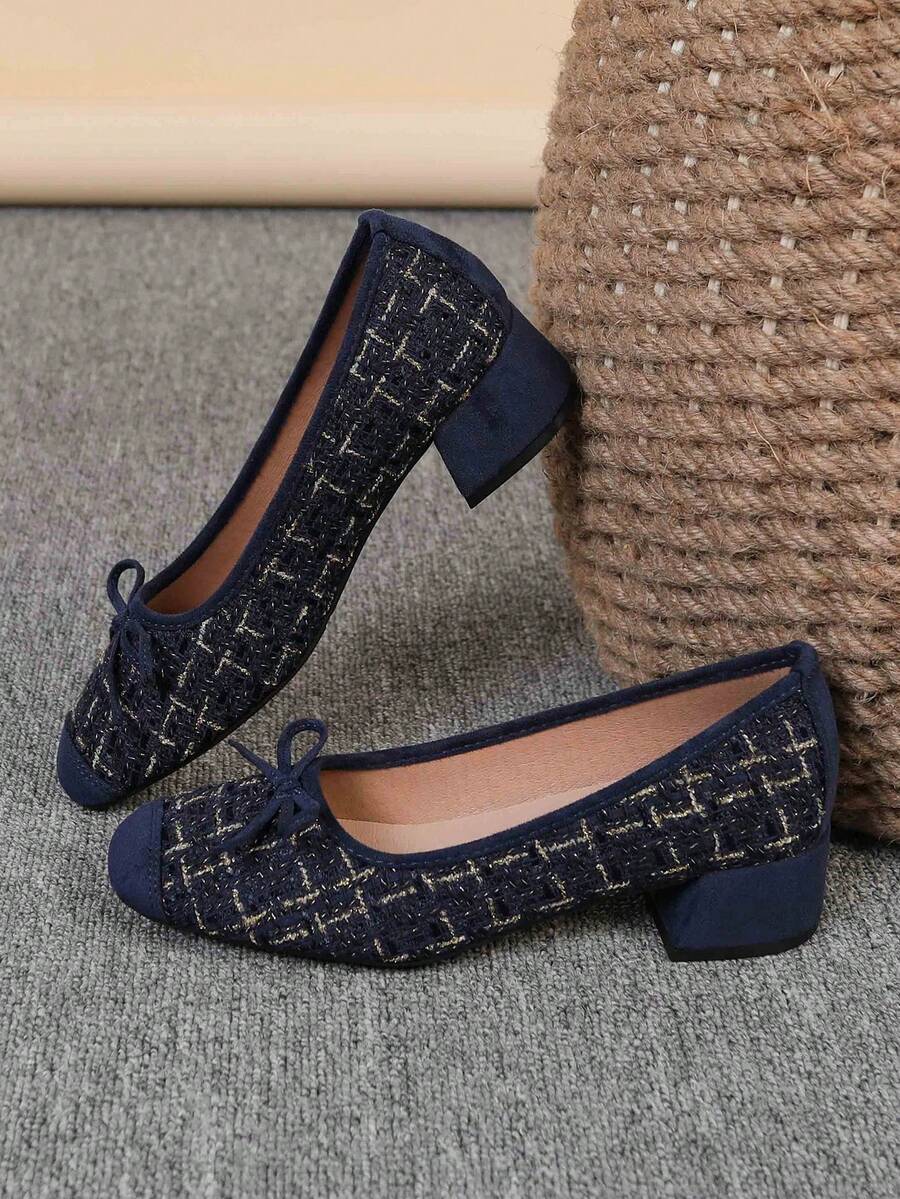Square Toe Chunky Heel Shoes, Bowknot Slip-On Flats, Fashion Slip-On Loafers, Blue Plaid High Heels, Women's High Heel Pumps, Run Large, Size 35-43