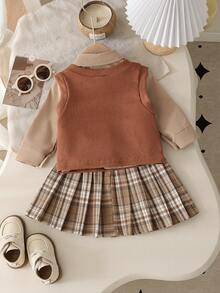 3 件套女婴休闲可爱活泼套装 - 简约衬衫 + 熊补丁和蝴蝶结背心 + 百褶裙