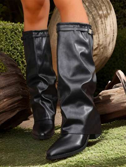 Women's Fashion Knee-High Boots, Flared Rim Boots, Western Boots, Black PU Leather Boots, Pant Boots, Leg Boots, Sexy Boots, Eye-Catching, Suitable For Daily Wear, Indoor/Outdoor, Party, Match With Skirts & Shorts, Autumn/Winter