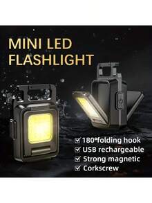 Keychain Light Mini LED Flashlight, Multifunctional USB Rechargeable Work Light, With Built-In 800mAh Battery Fishing Emergency Flashlight - Black - View 1