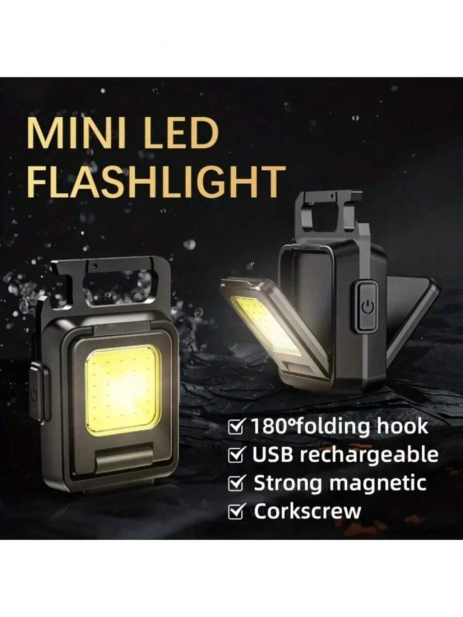 Keychain Light Mini LED Flashlight, Multifunctional USB Rechargeable Work Light, With Built-In 800mAh Battery Fishing Emergency Flashlight - Black - View 1