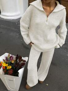 VIBEWAVE New Year Casual Knit Sweater Set, Loose Turndown Collar Half-Zip Long Sleeve Knitted Top And High Waist Wide Leg Pants 2 Pieces Outfit - White - View 2