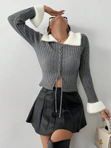 Herbst/Winter Patchwork Kragen Schnürpullover, modisch minimalistisch eleganter Slim Fit - Grau - Übersicht 1