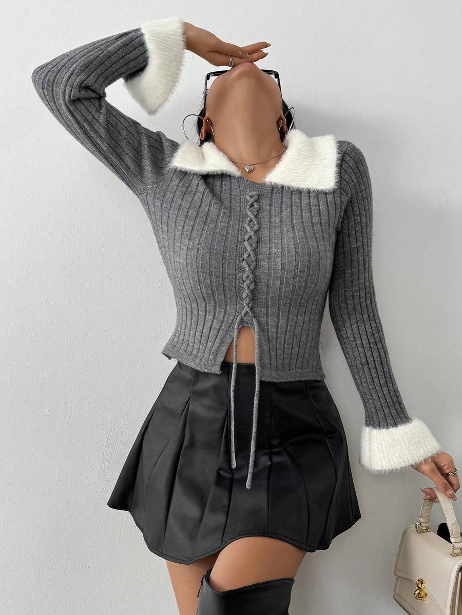 Herbst/Winter Patchwork Kragen Schnürpullover, modisch minimalistisch eleganter Slim Fit - Grau - Übersicht 1