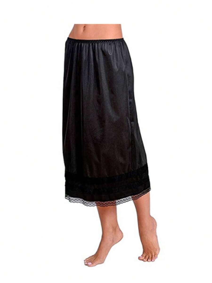 Women's Half Slips Underskirt For Under Dresses Slip Solid Lace Trim Satin Underskirt Inner Lining Short Mini Skirt - 黑色 - 查看 1