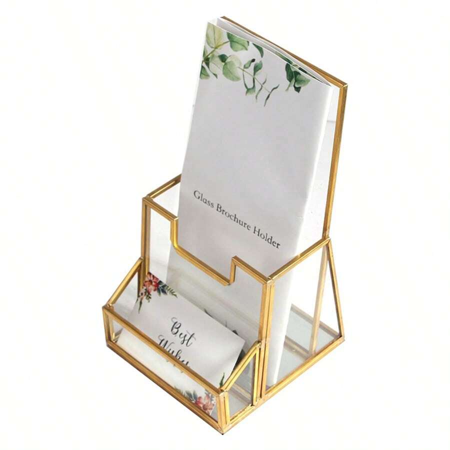 Gold Glass Brochure Holder Pamphlets Cards Literature Holder Flyer For 4" Trifold Holder Glass Display Stand With Business Card Holder For Brochures Magazines Literatures Display Countertop - Gold - View 1