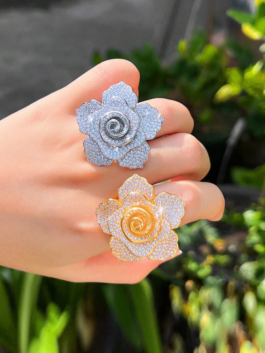 1枚3D大花朵造型厚实立方氧化锆密镶奢华宣言婚礼订婚新娘派对戒指，女士珠宝礼品