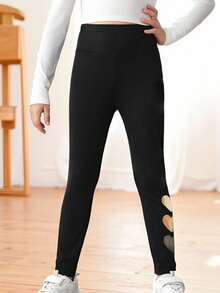 Girls' Leggings, Children Heart & Shark Print Tight Pants, Casual Stretchy Comfortable Leggings, Suitable For Daily Wear, Valentine's Day Gift - Black - View 3