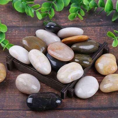 500克混合颜色抛光鹅卵石 - 天然光滑河石，具有鲜艳的棕色、黑色、白色和灰色色调，适用于多肉植物、盆景、水族馆、花园和家居装饰