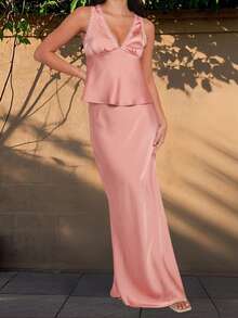 Women's Summer Outfit Stylish Solid/Dot Print/Flower Print Lace Trim Deep V Neck Tops And Long Skirt 2 Pcs Set