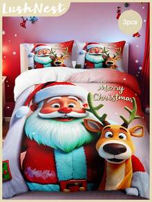 3pcs Santa Claus And Elk Digital Print Duvet Set Set (1 Piece Duvet Cover 2 Pieces Pillowcase Without Core) Polyester Fiber Super Soft Skin-Friendly Bedding Set Christmas Decorations Suitable For Various Bed Sizes Ideal For Gifting Christmas - Multicolor - View 1