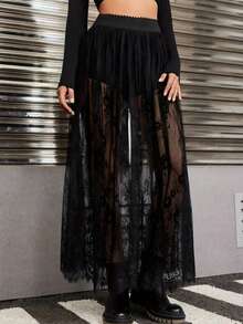 Lace Mesh Layered Skirt With Underskirt - Black - View 4