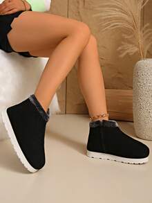 Damen Schwarze Mode Schneestiefel, flache warme Winterschuhe, kurze Winterstiefel