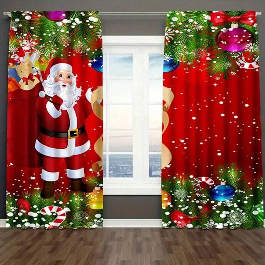 2 pezzi Tende con motivo di Babbo Natale, decorazioni natalizie, decorazioni per la stanza, decorazioni per finestre, tende in poliestere - Eleganti decorazioni per la casa per il soggiorno e l'ufficio - Facili da appendere e mantenere, decorazioni natalizie per la casa - Multicolore - Visualizzare 1