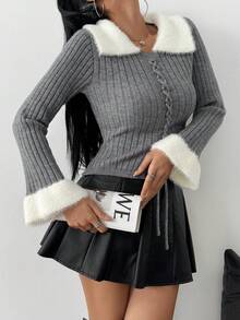 Herbst/Winter Patchwork Kragen Schnürpullover, modisch minimalistisch eleganter Slim Fit - Grau - Übersicht 6