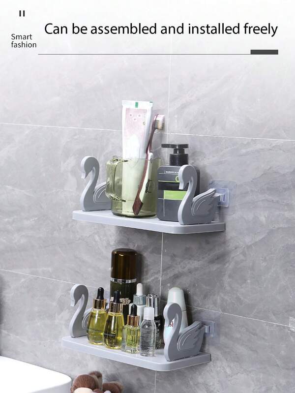 2pcCartoon Swan Wall-Mounted Storage Rack | PP Material | No-Drill Organizer For Bathroom Vanity & Sink Area | Perfect For Three-Person Families & Renters