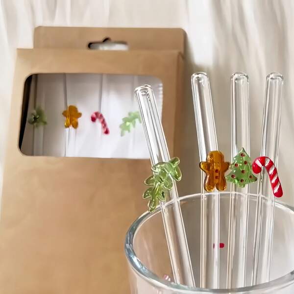4 Pack wiederverwendbare gebogene Glasstrohhalme - Hochborosilikatglas mit Reinigungsbürste - Weihnachtsthema mit festlichen Designs (Baum, Zuckerstange, Stechpalme, Lebkuchenmännchen) - ideales Geschenk für Zuhause, Café, Partys