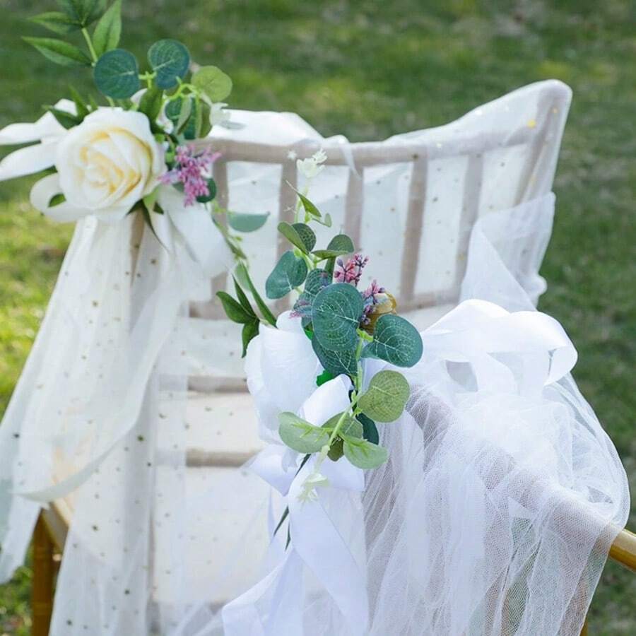 Set Of 4 Wedding Aisle Decorations Pew Flowers For Wedding Ceremony Party Chair Decor With Artificial Flowers Eucalyptus And Ribbons