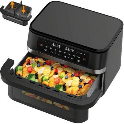 11L Heißluftfritteuse 2 karmmern | 2950W Airfryer mit Sichtfenster & Beleuchtung, Doppelkammer + abnehmbare Trennwand, Sync-Funktion , LED-Touch, 8 Programme, spülmaschinenfestes Körbchen, Fettfrei & Gesund, Automatische Abschaltung