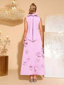 Modphy 全新优雅 3D 花卉装饰紧身高领无袖连衣裙，配蝴蝶结缎带，适合婚礼嘉宾、伴娘、正式派对、鸡尾酒会 - 紫色 - 查看 6