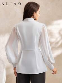 Aliao 镶钻刺绣 V 领泡泡袖长袖西装外套，商务休闲风，简约风格，优雅日常穿着，适合情人节、婚礼、活动、外出、感恩节、毕业典礼、返校季、假日等场合。 - 白色 - 查看 5